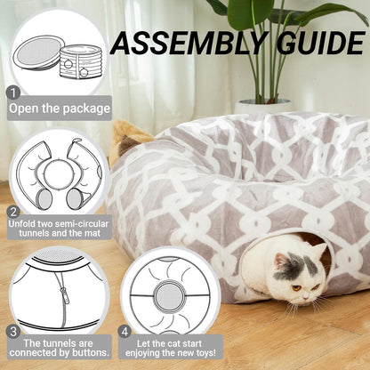 Ultimate Cozy Cat Tunnel Bed with Plush Cover - Stylish Gray Geometric Design, Fluffy Toy Balls & Small Cushion for Cats & Small Dogs, 10" Diameter, 3 Ft Length