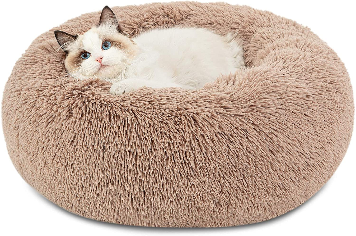 Indulge Your Cat with Our Luxurious Camel Calming Bed - Plush 20-Inch Faux Fur Round Bed for Cats Up to 15 lbs - Machine Washable & Non-Slip Design!