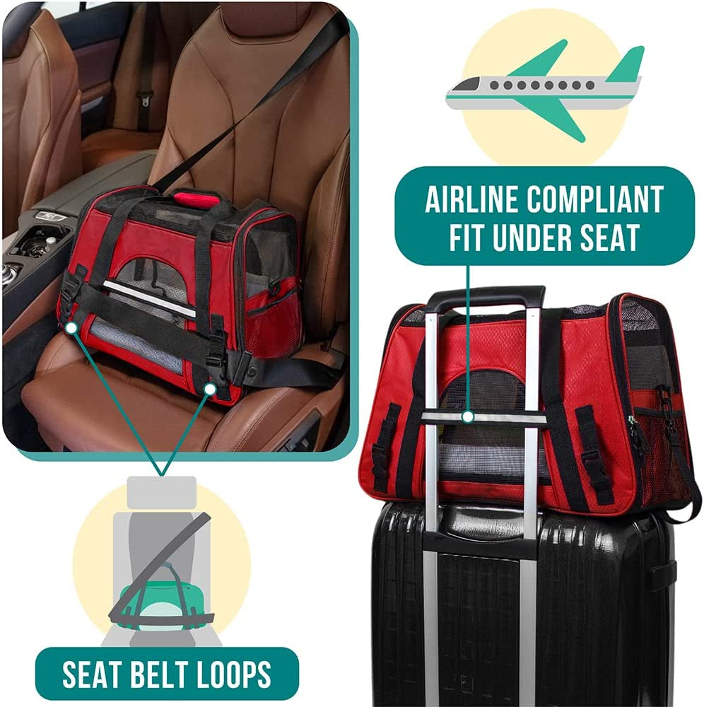 Airline Approved Soft Sided Pet Carrier for Cats & Small Dogs - Comfortable, Ventilated Travel Bag in Red for Kittens & Puppies