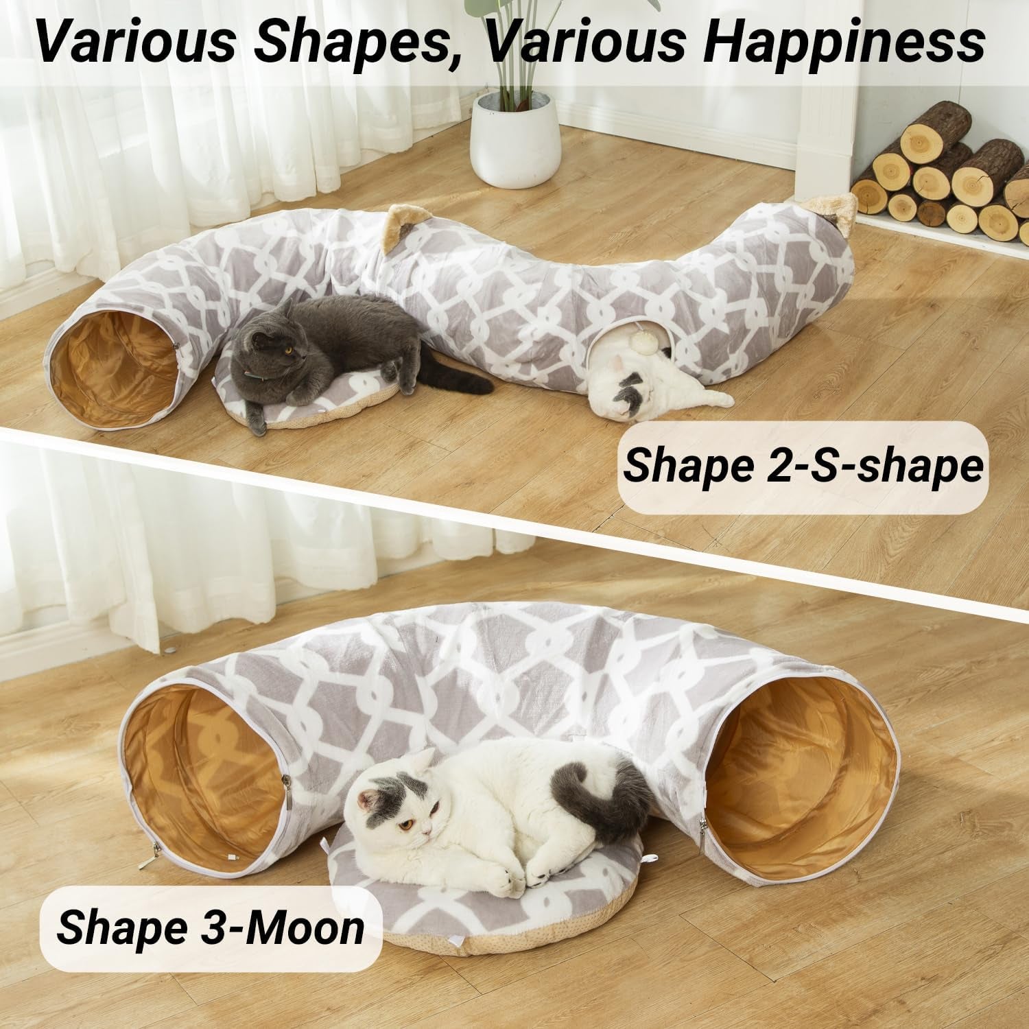 Ultimate Cozy Cat Tunnel Bed with Plush Cover - Stylish Gray Geometric Design, Fluffy Toy Balls & Small Cushion for Cats & Small Dogs, 10" Diameter, 3 Ft Length