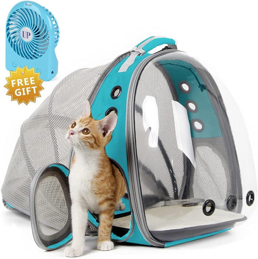Innovative Cat Travel Backpack with Mini Fan - Expandable Space Capsule Design for Kittens and Small Dogs, Up to 12 lbs, Stylish Green
