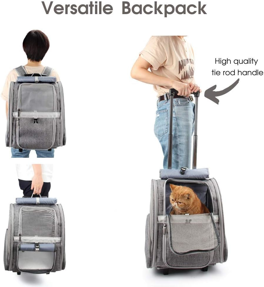 Stylish Pet Rolling Carrier - Versatile Dog & Cat Backpack Trolley with Wheels (Grey)