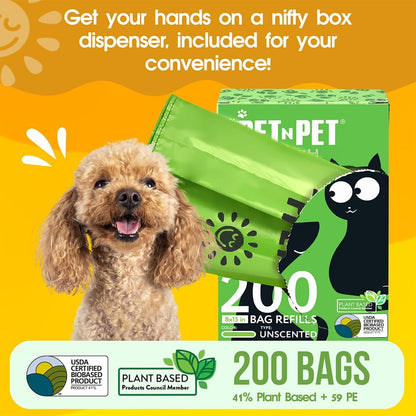 200 Eco-Friendly Unscented Dog Poop Bags with Convenient Tie Handles - Extra-Thick, Plant-Based Waste Bags for Effortless Clean-Up