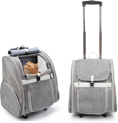 Stylish Pet Rolling Carrier - Versatile Dog & Cat Backpack Trolley with Wheels (Grey)
