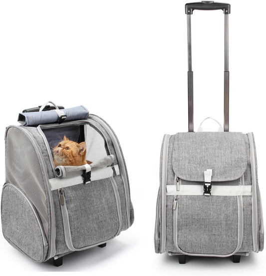 Stylish Pet Rolling Carrier - Versatile Dog & Cat Backpack Trolley with Wheels (Grey)