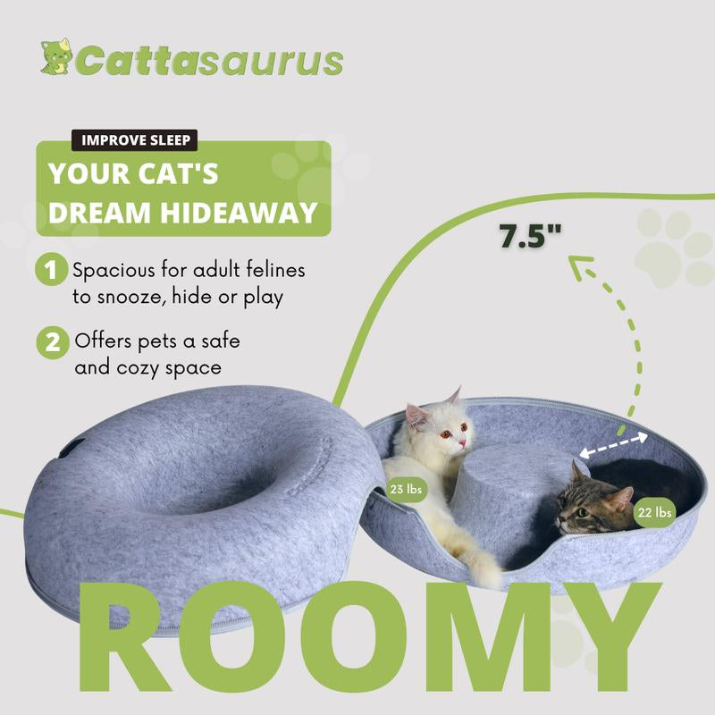 CATTASAURUS Peekaboo Cat Cave: The Ultimate Cozy Retreat for Large Cats with Scratch-Resistant Tunnel and Washable Comfort