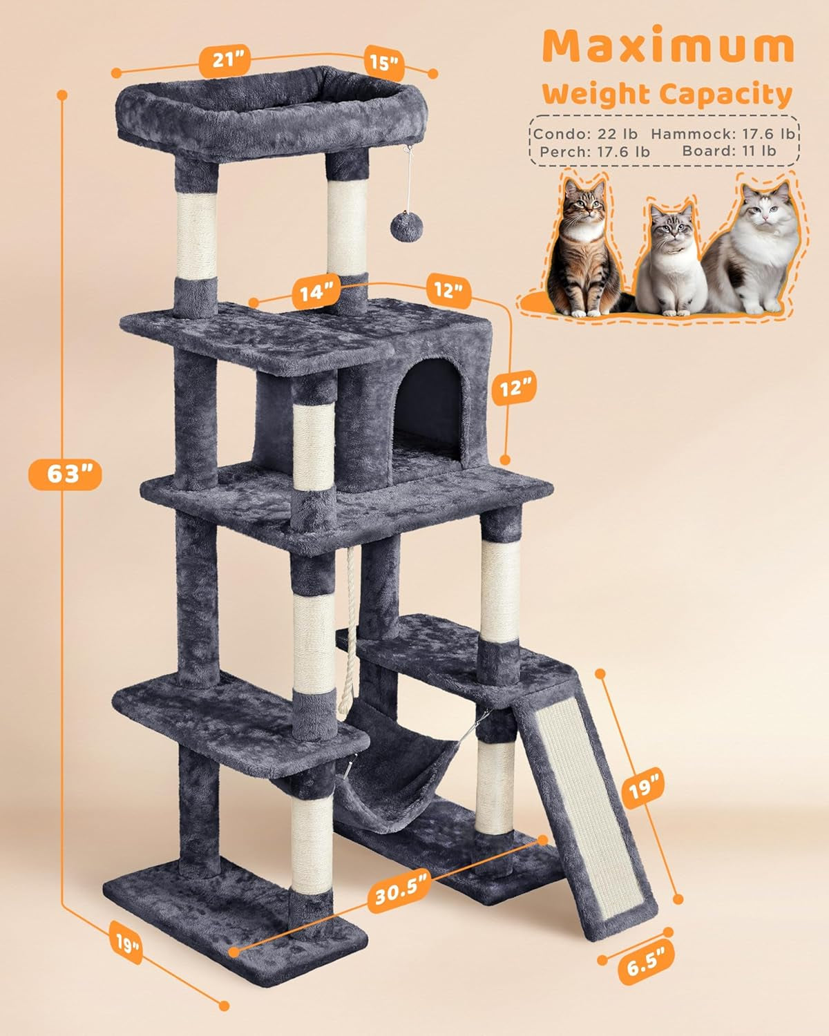 Delight Your Feline Friend with Our Spacious 63-Inch Multi-Level Cat Tree Featuring Sisal-Covered Scratching Posts, Cozy Condo, Hammock, and Interactive Dangling Ball for Ultimate Playtime and Relaxation