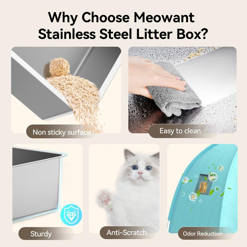 Transform Your Cat's Experience with the Meowant LB05 Premium 3-In-1 Stainless Steel Litter Box - Large Eco-Friendly Design Featuring Splash-Proof Odor Control and a Cozy Detachable Cover!