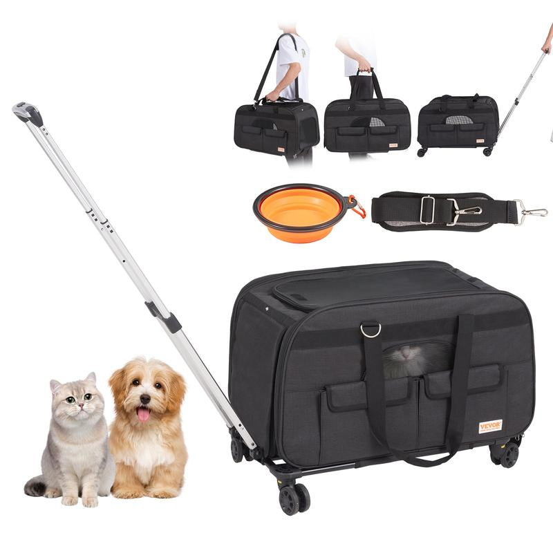 VEVOR Airline Approved Cat Carrier with Wheels - The Ultimate Rolling Pet Travel Solution with Telescopic Handle and Shoulder Strap, Includes a Convenient Folding Bowl