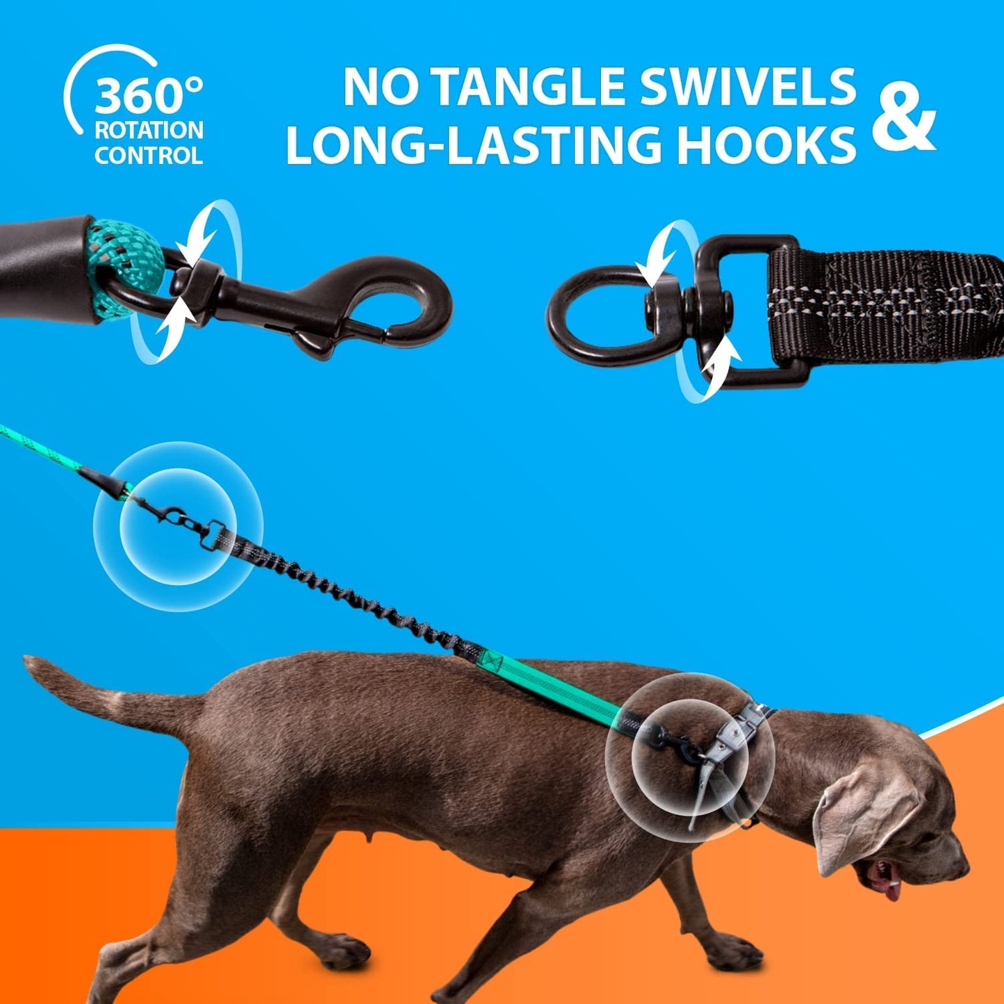 Premium Teal Heavy Duty Rope Bungee Leash for Large and Medium Dogs - Shock Absorbing Anti-Pull Design with No Slip Reflective Lead, 5.5 Ft
