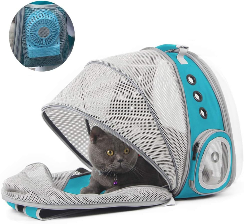 Innovative Cat Travel Backpack with Mini Fan - Expandable Space Capsule Design for Kittens and Small Dogs, Up to 12 lbs, Stylish Green