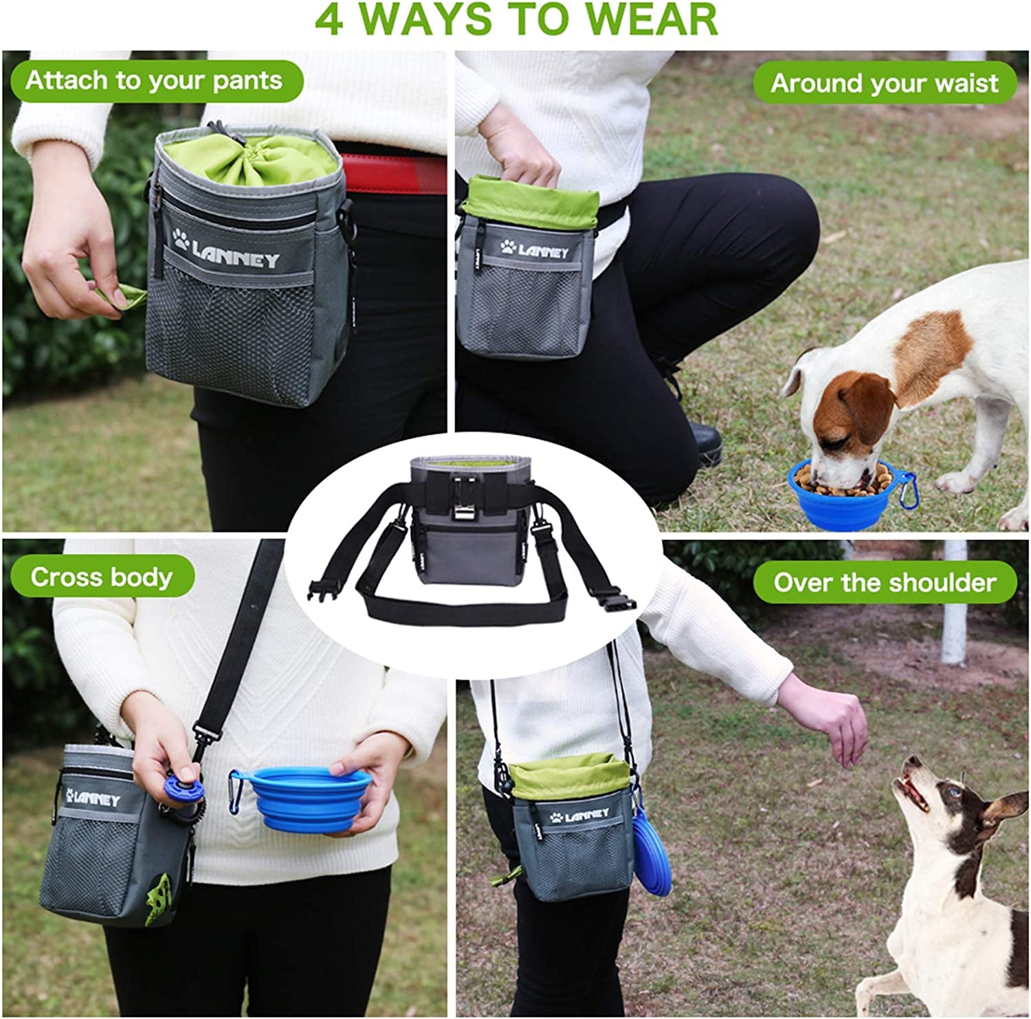 Ultimate Versatile Dog Treat Pouch - 3 Convenient Wear Options for Effortless Training with Clicker, Adjustable Belt & Poop Bag Dispenser, Perfect for Carrying Kibble & Toys