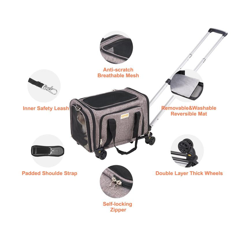 VEVOR Airline Approved Cat Carrier with Wheels - The Ultimate Rolling Pet Travel Solution with Telescopic Handle and Shoulder Strap, Includes a Convenient Folding Bowl