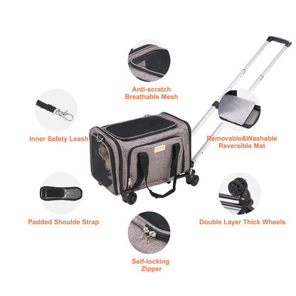VEVOR Airline Approved Cat Carrier with Wheels - The Ultimate Rolling Pet Travel Solution with Telescopic Handle and Shoulder Strap, Includes a Convenient Folding Bowl
