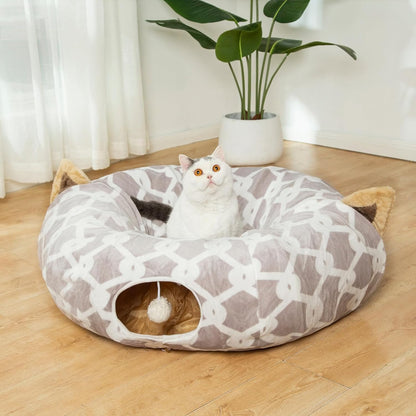 Ultimate Cozy Cat Tunnel Bed with Plush Cover - Stylish Gray Geometric Design, Fluffy Toy Balls & Small Cushion for Cats & Small Dogs, 10" Diameter, 3 Ft Length