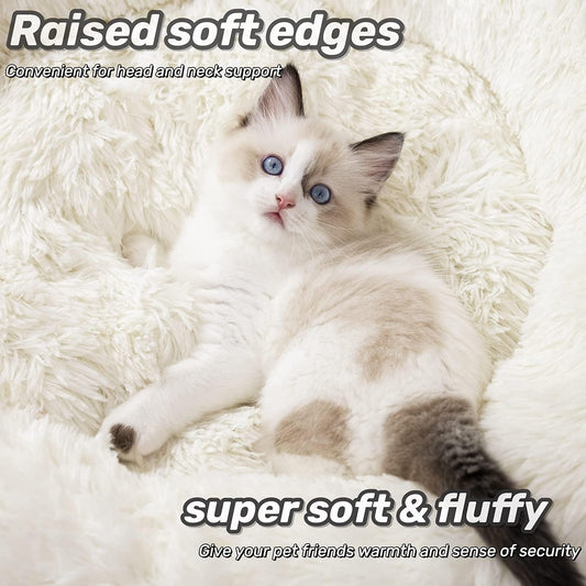 Cozy Anti-Anxiety Round Plush Faux Fur Dog and Cat Bed - Washable, Supportive, and Perfect for Small to Medium Pets (27", White)