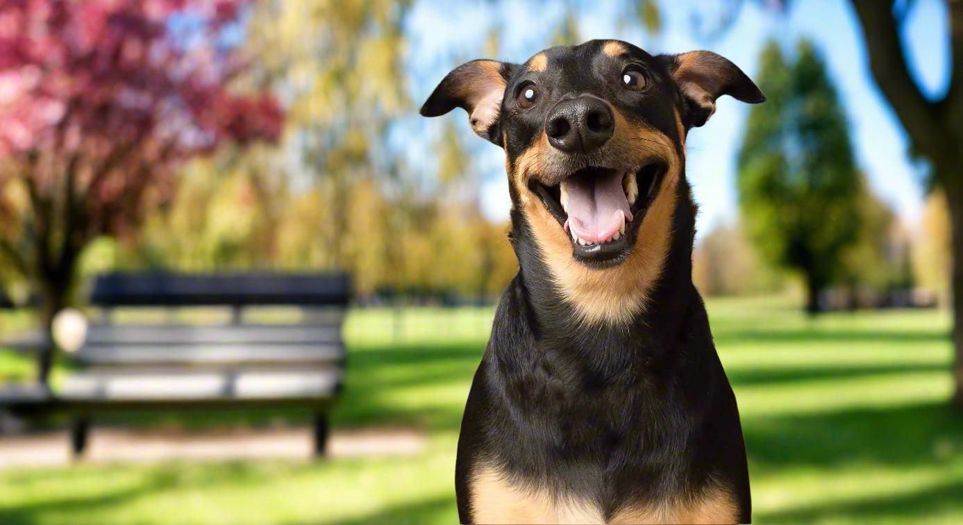 happy dog in a park, near bench, sunny day 